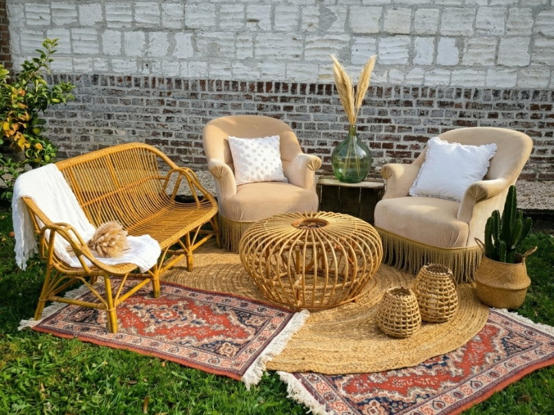Aménagement d'un coin lounge chaleureux avec canapé en velours et fauteuils en rotin pour un mariage.
