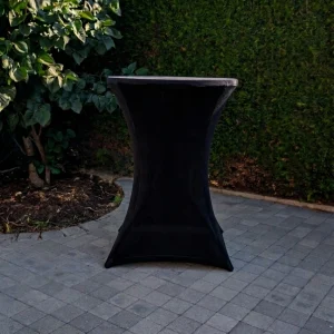 Housse mange debout noire en location pour mariage, cocktail et réception événementielle.